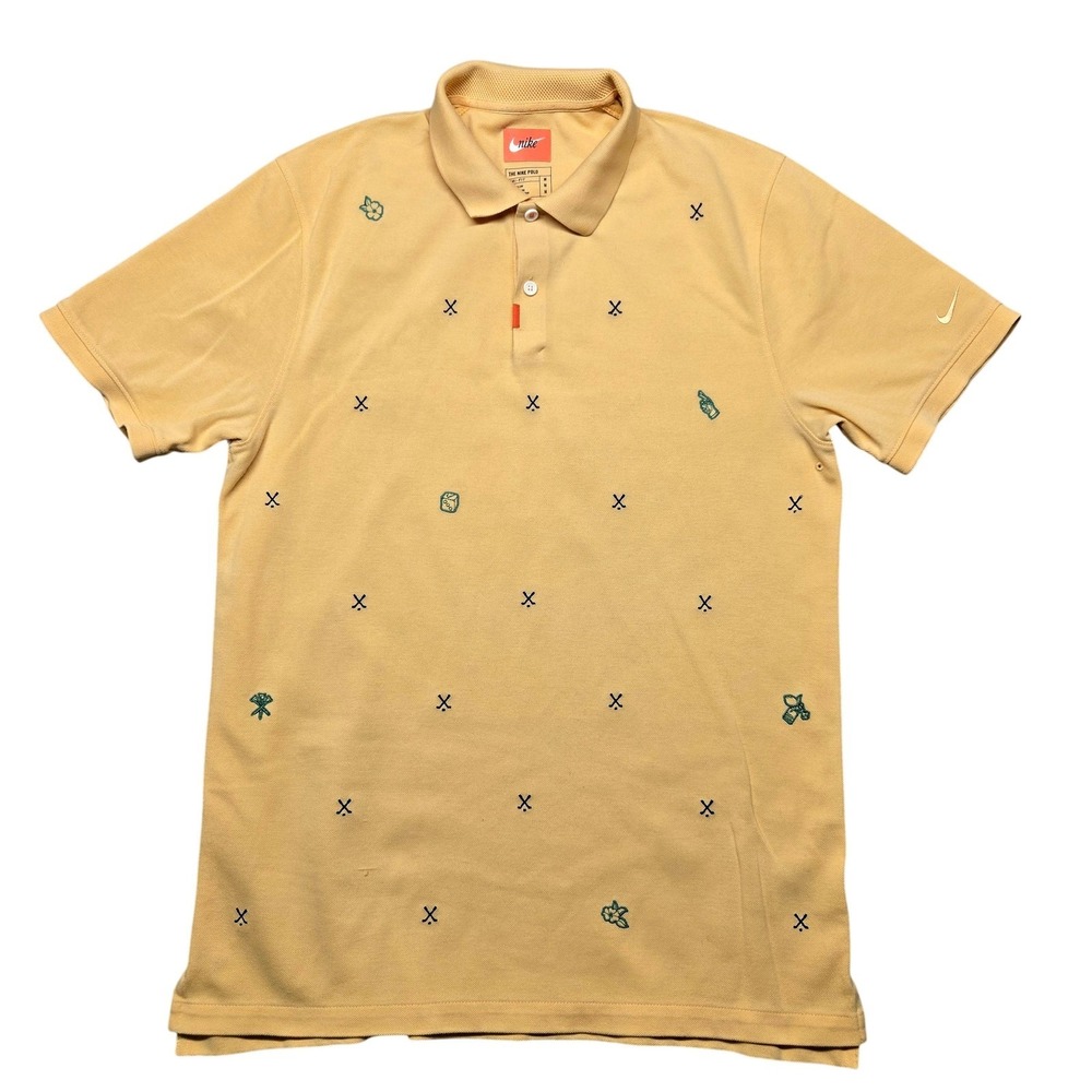 Nike Polo Shirt Mens Medium Tan Dri-Fit Embroidered Pattern Golf Tennis Casual